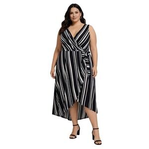 INC Wrap High‎ Low Striped Midi Dress Plus Size 2X Resort Nautical Euro Vacay